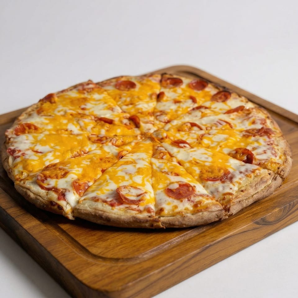 A whole pepperoni and cheese pizza, sliced, on a wooden serving board.
