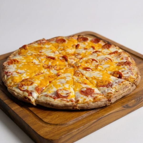 A pepperoni and cheese pizza, sliced into wedges, rests on a wooden serving board.